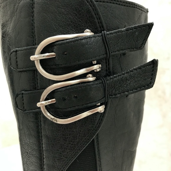 PAUL GREEN {5} Black Leather Boots Knee-High Buckles Stacked Heel - Picture 3 of 7
